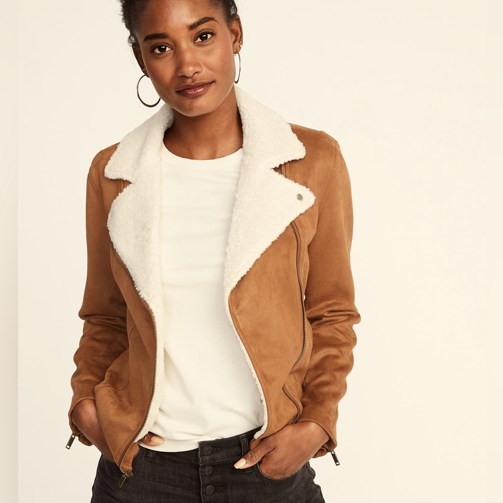 Old Navy Faux Suede Shearling Tan Moto Jacket